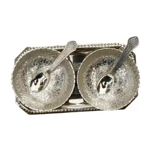 Silver Coated Bowl Set with Unique Edge Design, Spoons & Base Plate