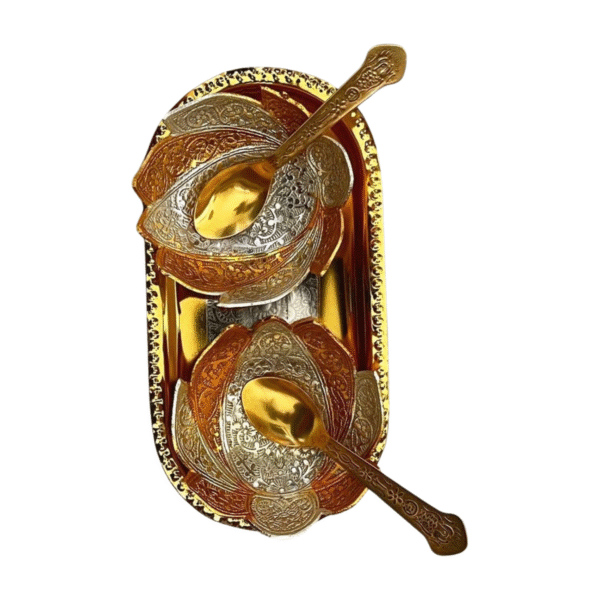 Silver & Golden Coated Bowl Set with Spoons and Base Plate
