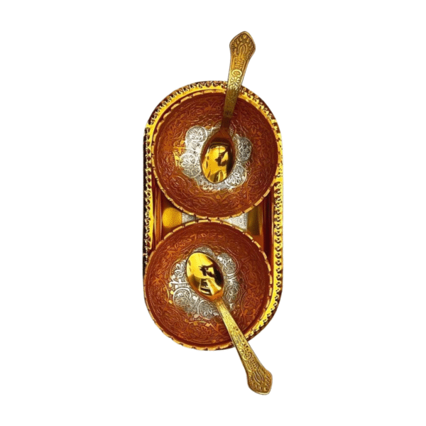 Golden & Silver Coated Bowl Set with Spiked Edges, Base Plate, and Spoons