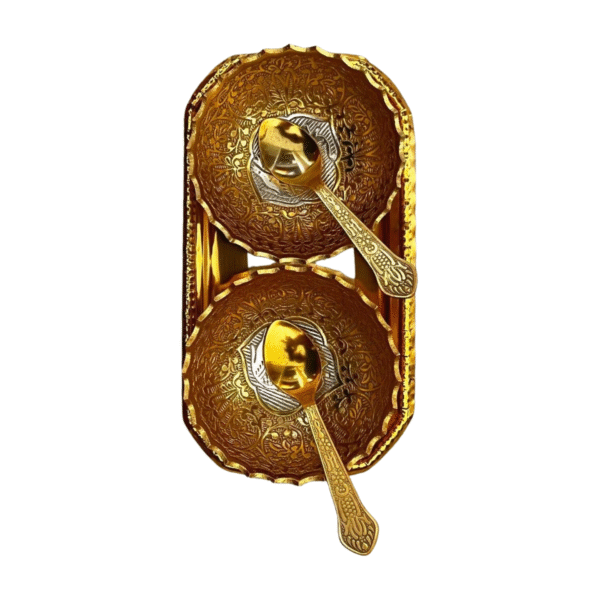 Golden Coated Bowl Set with Unique Edge Design, Spoons & Base Plate