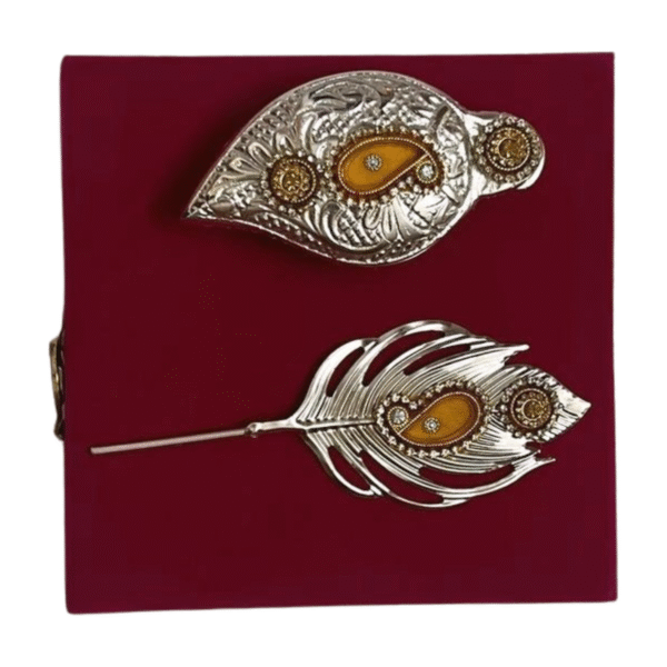 Silver Coated Peacock Feather like tilak stick with Haldi Kumkum Container
