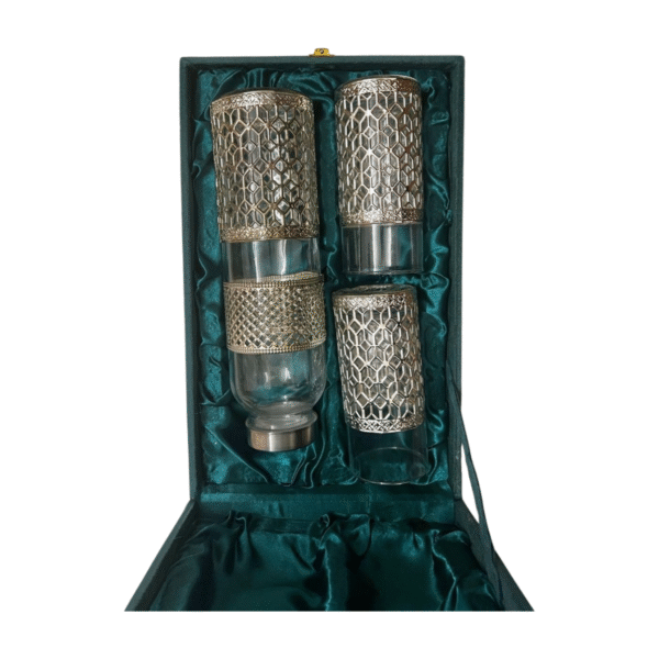 Silver Coated Jali Design Water Bottle & Glass Set