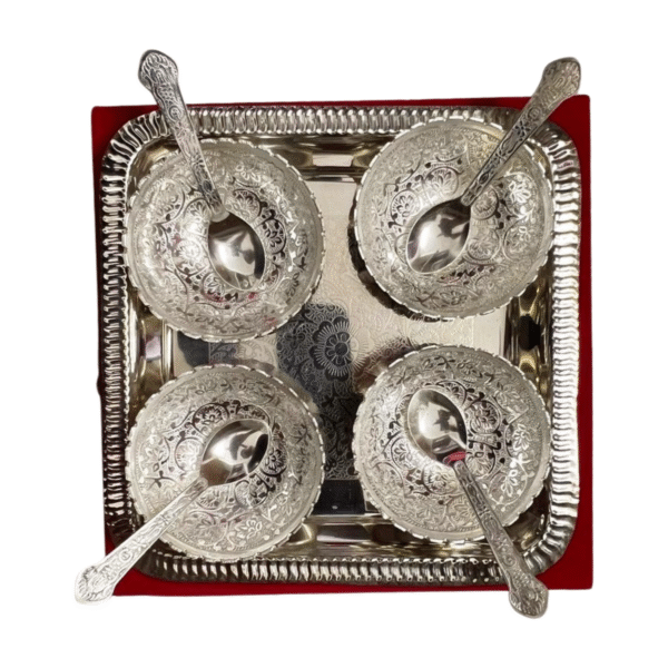 Silver Coated Bowl Set with Spoons and Base Plate